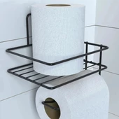 Woody Sofia Kendiliğinden Yapışkanlı Tuvalet Kağıdı Tutacağı ve Yedek Raf - Siyah Modern Metal Tasarım - 1