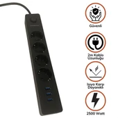 3lü Priz Termal Akım Korumalı 4 Priz 3 USB Girişli Uzatma Kablosu Güç&Şarj - 1