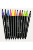 12'li Marker Set Çift Taraflı Kalem Seti 12 Renklendirme Kalemi Kaligrafi Kitap Boyama Kalemi - 3