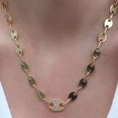 Düğme Modeli Zirkon Taşlı Gold Kaplama Gümüş Zincir Kolye thumbnail 3