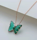 Yeşil Kelebek Model Rose Gold Kaplama Zirkon Taşlı Gümüş Kolye thumbnail 3