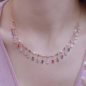 Renkli Zirkon Taşlı Rose Gold Kaplama Trend Gümüş Kolye thumbnail 2