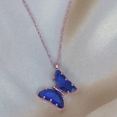 Lacivert Kelebek Model Rose Gold Kaplama Zirkon Taşlı Gümüş Kolye thumbnail 3