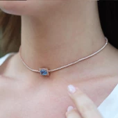 Aquamarin Taşlı Rose Gold Kaplama Choker Gümüş Kolye - 4
