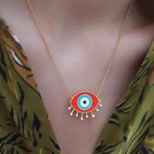 Mine İşli Kırmızı Göz Modeli Gold Kaplama Trend Gümüş Kolye thumbnail 4