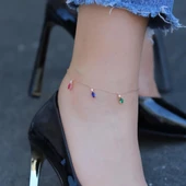 Renkli Zirkon Taşlı Damla Modeli Rose Gold Kaplama Gümüş Halhal thumbnail 1