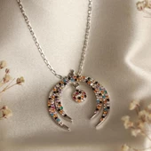 Hilal Çerçeveli Renkli Zirkon Taşlı Gümüş Kolye thumbnail 2