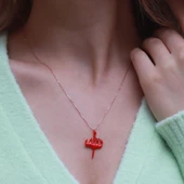 Allah Yazılı Kırmızı Mine İşli Mini Zirkon Taşlı Rose Gold Kaplama Gümüş Kolye thumbnail 1