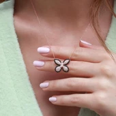 Siyah Zirkon Taşlı Kelebek Model Rose Gold Kaplama Gümüş Kolye thumbnail 1