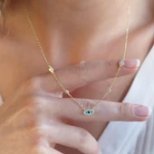 Mine İşli Göz Figürlü Gold Kaplama Trend Gümüş Kolye thumbnail 3