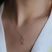 Rose Kaplama 925 Ayar Gümüş Balık Sembollü Firuze Taşlı Kolye thumbnail 2