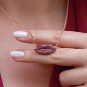 Zirkon Taşlı Dudak Figürlü Rose Gold Kaplama Asansör Zincirli Gümüş Kolye thumbnail 3