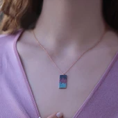 925 Ayar Renkli Zirkon Taşlı Dikdörtgen Gümüş Kolye thumbnail 1