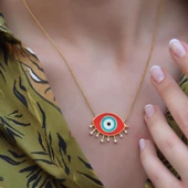Mine İşli Kırmızı Göz Modeli Gold Kaplama Trend Gümüş Kolye thumbnail 1