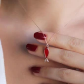 Mine İşli Zirkon Taşlı Rose Gold Kaplama 925 Ayar Gümüş Kırmızı Balık Kolye thumbnail 2