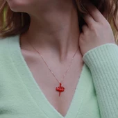 Allah Yazılı Kırmızı Mine İşli Mini Zirkon Taşlı Rose Gold Kaplama Gümüş Kolye thumbnail 2