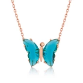 Mavi Kelebek Model Rose Gold Kaplama Zirkon Taşlı Gümüş Kolye thumbnail 1
