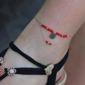 Kök Yakut Taşlı 4 Yapraklı Yonca Figürlü 925 Ayar Gümüş Halhal - 2