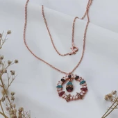 Yuvarlak Çerçeveli Damla Modeli Renkli Zirkon Taşlı Rose Gold Kaplama Gümüş Kolye thumbnail 2