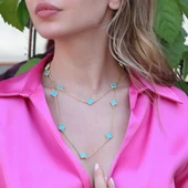 İkonik Alhambra Modeli Mavi Mine İşli Gold Kaplama Çift Dolamalı Gümüş Kolye thumbnail 4