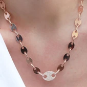 Düğme Modeli Zirkon Taşlı Rose Gold Kaplama Gümüş Kolye thumbnail 3