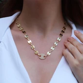 Düğme Modeli Zirkon Taşlı Gold Kaplama Gümüş Zincir Kolye thumbnail 1