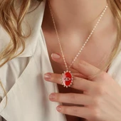 İtalyan Zincirli Mine Neon Kırmızı Taşlı Göz Kolye thumbnail 3