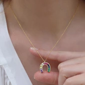 Renkli Zirkon Taşlı Gold Kaplama Şans Nalı Gümüş Kolye thumbnail 4