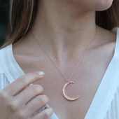 Zirkon Taşlı Rose Gold Kaplama Ay Gümüş Kolye thumbnail 1