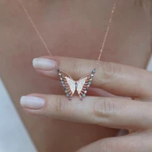 Kelebek Modeli Renkli Zirkon Taşlı Rose Gold Kaplama Gümüş Kolye thumbnail 2