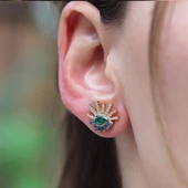 Renkli Taşlı Gold Kaplama Göz Gümüş Küpe thumbnail 2