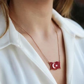 Türk Bayrağı Zirkon Taşlı Rose Gold Kaplama Gümüş Kolye thumbnail 4