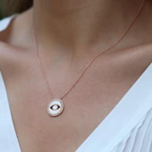 Zirkon Taşlı Mine İşli Göz Modeli Rose Gold Kaplama Gümüş Kolye thumbnail 2