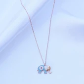 Açık Mavi Mine İşli Rose Gold Kaplama Bereket Fili Gümüş Kolye thumbnail 2