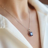 Ametist Taşlı Kare Lotus Çiçeği Gümüş Kolye thumbnail 3