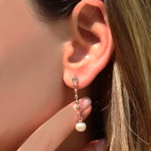 Sallantılı Zirkon Taşlı Rose Gold Kaplama Gümüş İnci Küpe thumbnail 3