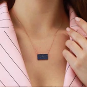 Lacivert Zirkon Taşlı Rose Gold Kaplama Dikdörtgen Gümüş Kolye thumbnail 3