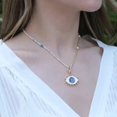 Mine İşli Göz Modeli Gold Kaplama Doğaltaşlı Gümüş Kolye thumbnail 1