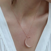 Zirkon Taşlı Rose Gold Kaplama Ay Gümüş Kolye thumbnail 3