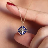 Mavi Mine İşli Gold Kaplama Kutup Yıldızı Gümüş Kolye thumbnail 3