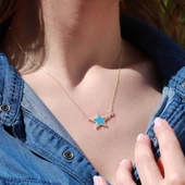 Mavi Yıldız Zirkon Taşlı Gold Kaplama Mine İşli Gümüş Kolye thumbnail 1