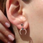 Rose Gold Kaplama Renkli Zirkon Taşlı Ay Modeli Gümüş Küpe thumbnail 1