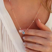 Aquamarin Taşlı Rose Gold Kaplama Sevgili Kalp Gümüş Kolye thumbnail 3