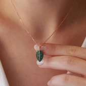 Yaprak Model Yeşil Zirkon Taşlı Rose Gold Kaplama Gümüş Kolye thumbnail 3