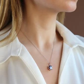 Ametist Taşlı Kare Lotus Çiçeği Gümüş Kolye thumbnail 1