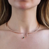 Yeşil Zirkon Taşlı Rose Gold Kaplama Serpent Choker Gümüş Kolye - 2