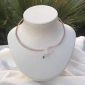 Yeşil Zirkon Taşlı Rose Gold Kaplama Serpent Choker Gümüş Kolye - 4