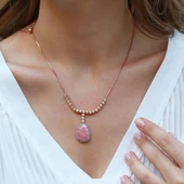 Pembe Kuvars Taşlı Asansör Zincirli Rose Gold Kaplama Gümüş Kolye thumbnail 1