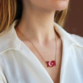 Türk Bayrağı Zirkon Taşlı Rose Gold Kaplama Gümüş Kolye thumbnail 2