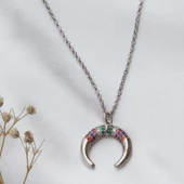 Hilal Model Renkli Zirkon Taşlı Asansörlü Gümüş Kolye thumbnail 1